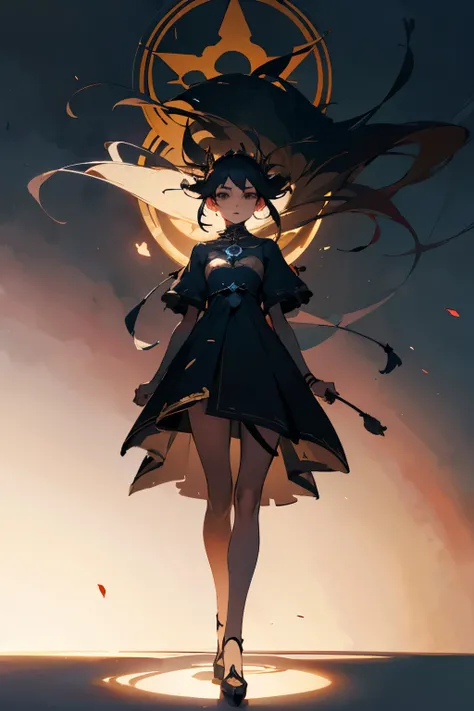 Shadow goddess, with black hair and light brown eyes with a neat dark goddess dress with black aura color (front face view)
