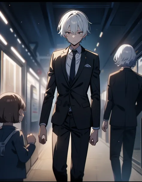 8K resolution like a masterpiece, Slim man, white hair, short hair, turns around, looks behind, wears a black suit, animation 60 fps, beautiful hair.
