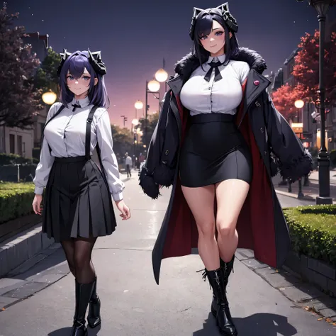 Woman wearing dark violet fur coat, white shirt, black skirt, dark purple hair, purple eyes, cold boots, walking in a park at night, with street lights. trees, overlooking a city, smiling, big breasts, horns,,HDR, ultra resolution, well defined, masterpiec...