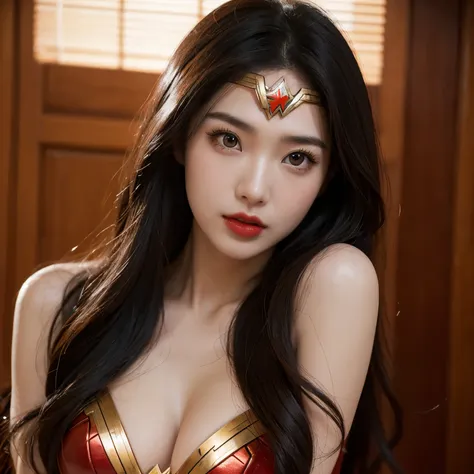 masterpiece，Ultra-clear，Award-winning works，Wonder Woman dressed up，A Korean beautiful girl，red phoenix eye，Oval face，high nose，High skull，red lips，Full and proud breasts，Half-length close-up，indoor