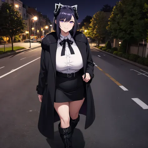 Woman wearing dark violet fur coat, white shirt, black skirt, dark purple hair, purple eyes, cold boots, walking in a park at night, with street lights. trees, overlooking a city, smiling, big breasts, horns,,HDR, ultra resolution, well defined, masterpiec...