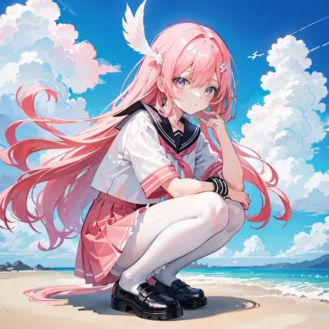 Coral pink hair，Long hair，hair over one eye，Gray eyes，feather hair ornament，cute，Girl，Black sailor suit，Small leather shoes，White silk pantyhose，whole body，Squatting on the ground，Dont show your arms，The background is the beach，Blue sky and white clouds