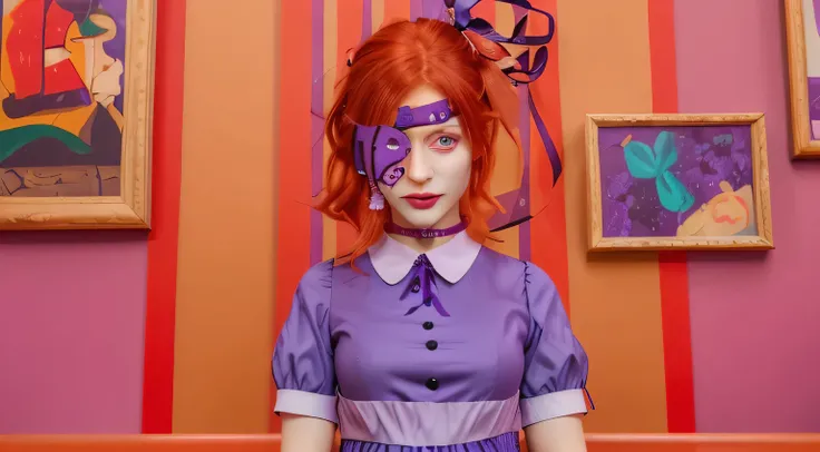 woman, red hair, purple ribbon on hair, with purple eye patch on the left eye, purple dress