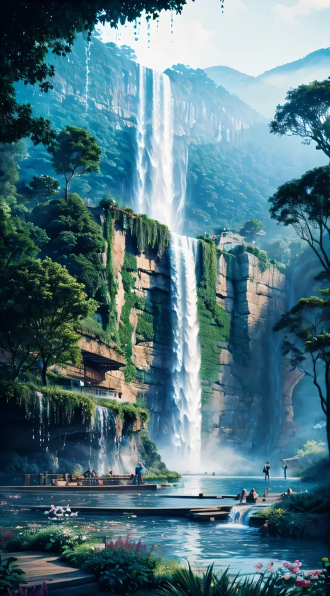 painting of a waterfall and a waterfall with a waterfall in the background, floating waterfalls, multiple waterfalls, high water...