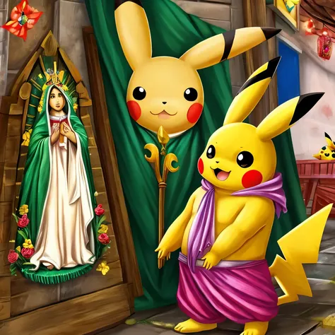 Pikachu rezando de rodillas con las manos entrelazadas, virgen de Guadalupe en la esquina superior derecha brillando