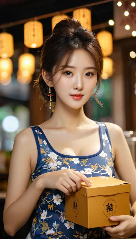 close-up of beautiful korean female, 34 inch breasts size, wearing fitting tank too, at the Liang Shan coffee shop Chinese style is background, holding tea box, with a natural expression, night, bokeh background , UHD