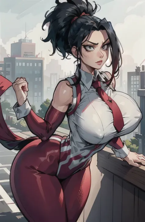 masterpiece, Boku no Hero Academia, Highres, Solo, Yaoyorozu Momo, lustful face, , big breasts, wide hips, tail, , suit and tie, white dress shirt, floating breasts, facing the camera directly, facing forward, nipple bulge, covered nipples, huge tall shirt...