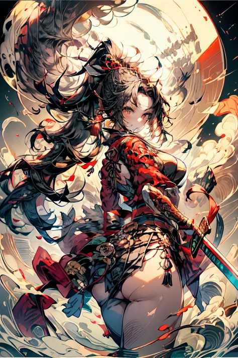 masterpiece,super high quality, Very detailed,Perfect drawing,CG,3D,8k,shape,Beautiful face girl,Beautiful girl, Samurai Costume, Black Hair, ponytail, Big red ribbon, kimono, Belt Sword, Tachi, Wakizashi, Double Point, similarly, japanese armor, Droopy ey...