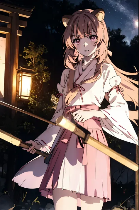 Raphtalia, Raphtalia, Long Hair, bangs, brown hair, Animal ears, Raccoon Ears, Raccoon Tail, Raccoon Girl, (Pink Eyes:1.3), happy smile, smile, Open your mouth,Platycodon grandiflorum,Miko, White Kimono,Red Hakama Kimono, As with the skirt, Wide sleeves, L...