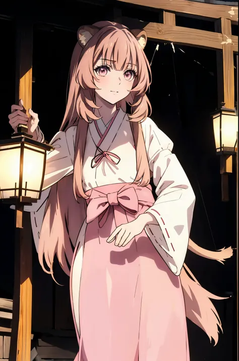 Raphtalia, Raphtalia, Long Hair, bangs, brown hair, Animal ears, Raccoon Ears, Raccoon Tail, Raccoon Girl, (Pink Eyes:1.3), happy smile, smile, Open your mouth,Platycodon grandiflorum,Miko, White Kimono,Red Hakama Kimono, As with the skirt, Wide sleeves, L...