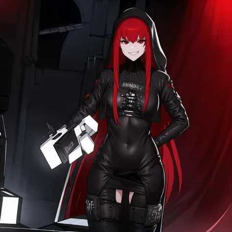 a woman wearing black gothic style clothing, black hood, red eyes, red hair, sadistic face, sadistic smile. on a white futuristi...