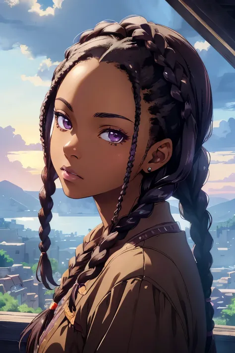 ((best quality)), ((masterpiece)), (detailed), perfect face, purple-brown Eyes, Dark skin, Braids, Box braids, Female, Anime, Cute face, Short height, Dark hair, ultra-detailed, Super detailed, vivid colors, anime, unreal engine 5, studio lighting, Day clo...