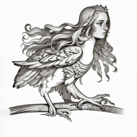 a drawing of a bird with long hair sitting on a branch, anthropomorphic bird, harpy woman, feathered head, young harpy-girl, lithoraph engraving, harpy, she has the head of a phoenix, a surrealistic bird, humanoid feathered head, a mythical creature, feath...