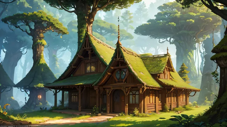 A whimsical illustration of wooden elves homes nestled in a dense forest, featuring intricate tree roots and shady canopy, art nouveau style, vibrant colors, stylized, detailed foliage, fantasy elements 