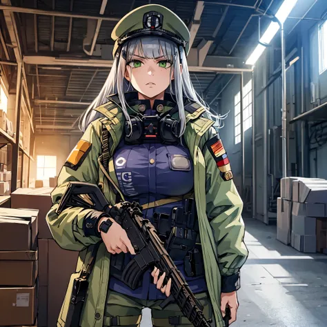 A woman wearing military clothing, military hat, silver hair, green eyes, holding an assault rifle, in a warehouse, with lighting, serious face, large breasts,HDR, ultra resolution, well defined, masterpiece, 8K HD. (solo woman)
