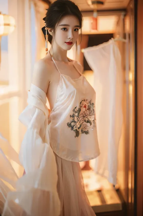 1 girl,(best quality, masterpiece:1.2), Super detailed,Solo selfie,off shoulder dress,Chinese Princess, (Pink belly pocket) ( Hanfu:1.3, ),Vision,Background Bokeh