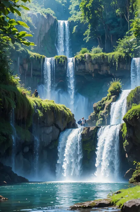 painting of a waterfall and a waterfall with a waterfall in the background, floating waterfalls, multiple waterfalls, high waterfalls, several waterfalls, waterfall(beautiful, beautiful stunning waterfall, beautiful art uhd 4 k, waterfalls, cascading water...