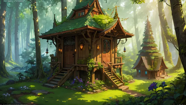 A whimsical illustration of wooden elves homes nestled in a dense forest, featuring intricate tree roots and shady canopy, art nouveau style, vibrant colors, stylized, detailed foliage, fantasy elements