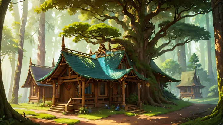A whimsical illustration of wooden elves homes nestled in a dense forest, featuring intricate tree roots and shady canopy, art nouveau style, vibrant colors, stylized, detailed foliage, fantasy elements
