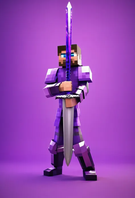 A 3D Minecraft character who is holding a purple sword with 3D purple background