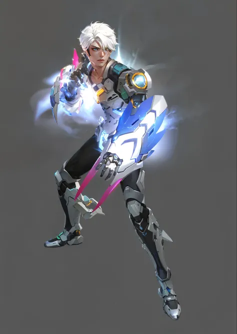 a close up of a person with a guantlet and a light, this character has cryokinesis, realistic lance, lance, arcane jayce, cyborg male, heise jinyao, fighting game character, ingame image, tracer game character, full body action concept art, sigma male, mal...