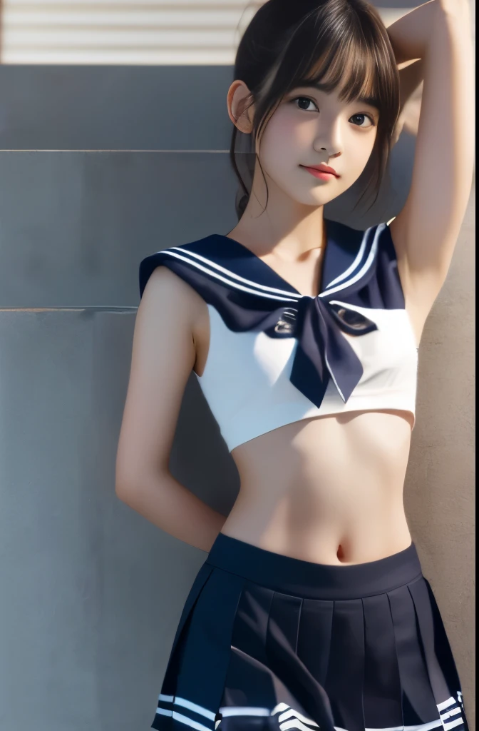 highest quality,Photo quality,Ultra-high resolution,Professional Lighting,15 years old,beautiful actress,Thin face,Healthy complexion,Japanese,Black Hair,（Short bangs),ponytail,(Sailor suit:1.1),Natural Makeup,(navel),Narrow waist,mini skirt