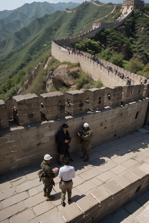 Opening shot of the Great Wall of China stretching across rugged terrain, with workers and soldiers in historical attire