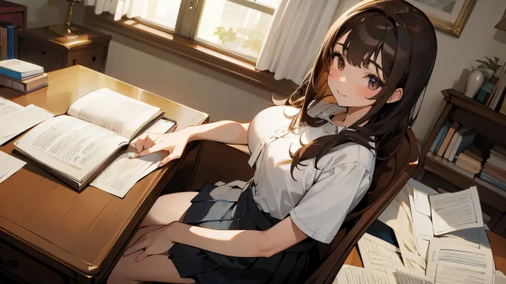 ((highest quality)), ((masterpiece)), (be familiar with), perfect face, an extremely beautiful and cute girl with dark hair and with large breasts, looking down, sitting at a desk in her bedroom, studying, writing, wearing a white shirt and pleated skirt, ...