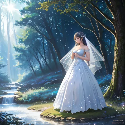 a woman in a white dress standing in a forest with stars, ethereal fairytale, lost in a dreamy fairy landscape, the moonlit dance of the fae, fairy atmosphere, fairy cgsociety, ethereal fantasy, fairytale artwork, digital art fantasy, very magical and drea...