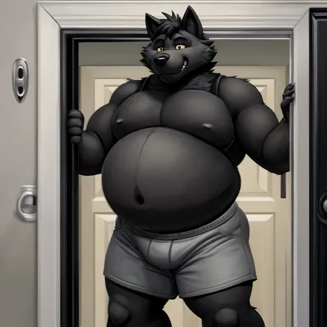 Furry wolf with totally black fur with a big fat belly wearing gray shorts which are under his huge belly posing in a door frame with his arms in his pants pockets 