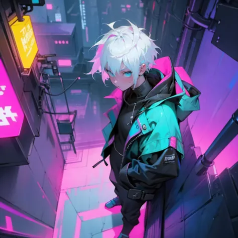 {Boy}, {white hair},{short hair},{hansome} ,{wearing cyberpunk hoodie}, {full body angle view}, {neon lights},{on top of a building},{clear},{definite},{intelligible},{unequivocal},{perceptible},{manifest},{limpid} {unmistakable},{noticeable},{unblurred},{...