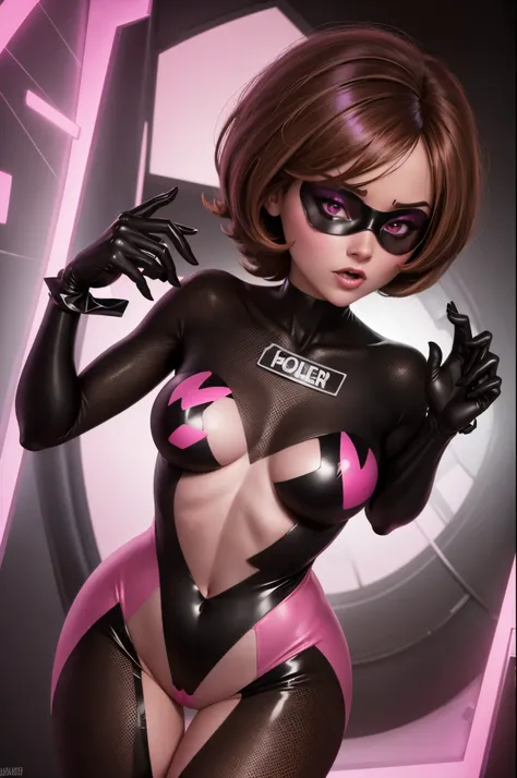 Helen parr. shout. dark costume. brown hair. Transparent Bodystocking. mind control. corruption. black eye mask. Heart Pasties. pink glow eye. Covered in mucus. A glowing pink tube connected to the body