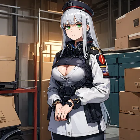 A woman wearing military clothing, military hat, silver hair, green eyes, in a warehouse, with lighting, serious face, large breasts,HDR, ultra resolution, well defined, masterpiece, 8K HD. (solo woman)
