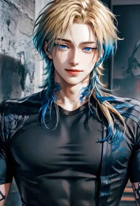 a close up of a person with a blue hair and a black shirt, tall anime guy with blue eyes, handsome guy in demon slayer art, male anime character, beautiful androgynous prince, attractive androgynous humanoid, by Yuumei, anime character, anime character; fu...