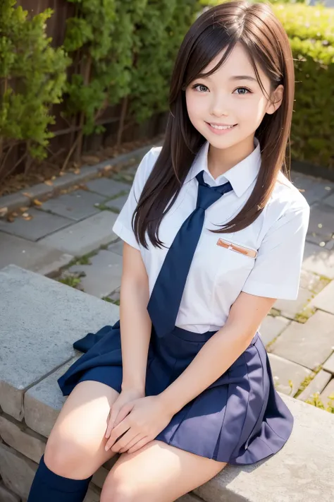 1girl,((school uniform)), blush,light smile, sitting,outdoors,