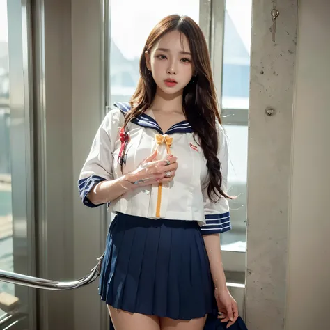(highest quality、4k、8k、High resolution、masterpiece: 1.2)、Super detailed、(Real、Photorealistic、Photorealistic: 1.37)、Beautiful young woman、((Correct Anatomy))、((Sailor suit:1.45))、(Squat down with your legs wide apart:1.45)、(Lift the pleated skirt:1.5)、(Reve...