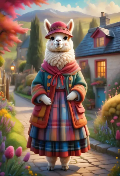 painting style, vibrant colors, dreamy atmosphere, layered composition, intricate details, cozy village background,(Cute alpaca，Dressed in Scottish clothing，Stylish
), soft texture, cozy atmosphere, peaceful garden backdrop, vibrant colors, warm lighting