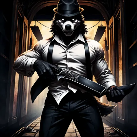 White furry anthropomorphic wolf, buffed body, white shirt with black straps, black fedora with white decoration. Creepy appearance, grabbing a knife, black pants, black eyes, creepy, killer vibes, mafia vibes