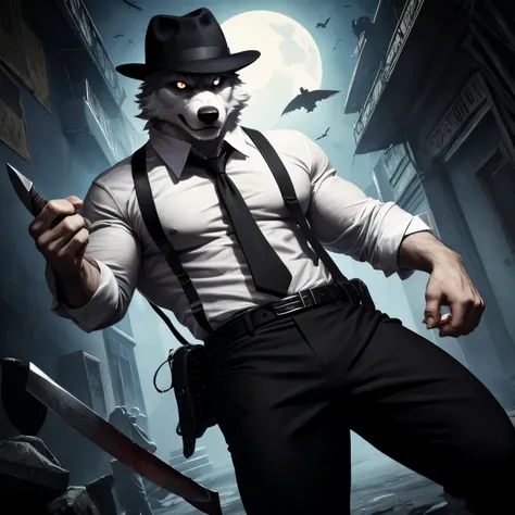 white furry anthropomorphic wolf, buffed body, white shirt with black straps, black fedora with white decoration. creepy appeara...