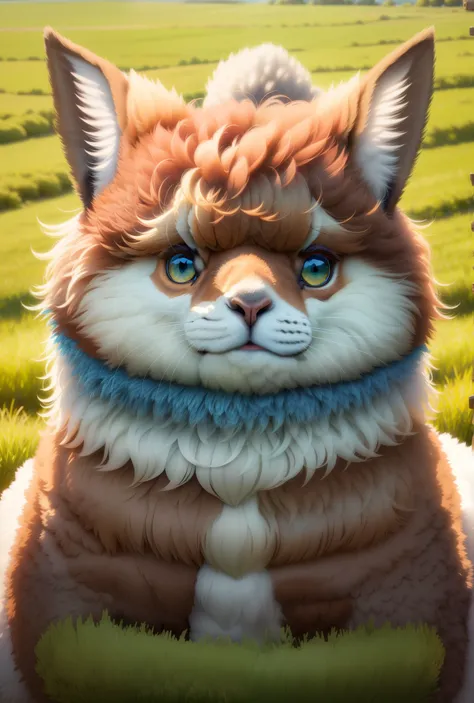 A fluffy alpaca with a cute and silly expression,enjoying a sunny day on a grassland
texture:illustration
additional details:playful and joyful atmosphere, soft and fluffy fur,exaggerated features,fancy and detailed grass details,a vivid blue sky with fluf...