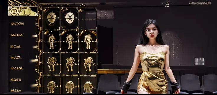 1 girl, chapel, black hair, gold dress , berpakaian celana dalam 