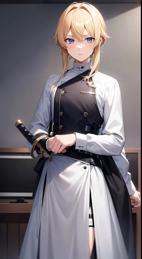 (Very detailed CG unity 8k wallpaper.) anime blond haired man, separated in the middle, look good, Blue Eyes stood in a classroom and wore a long black  and had a black and white sword at his waist. 