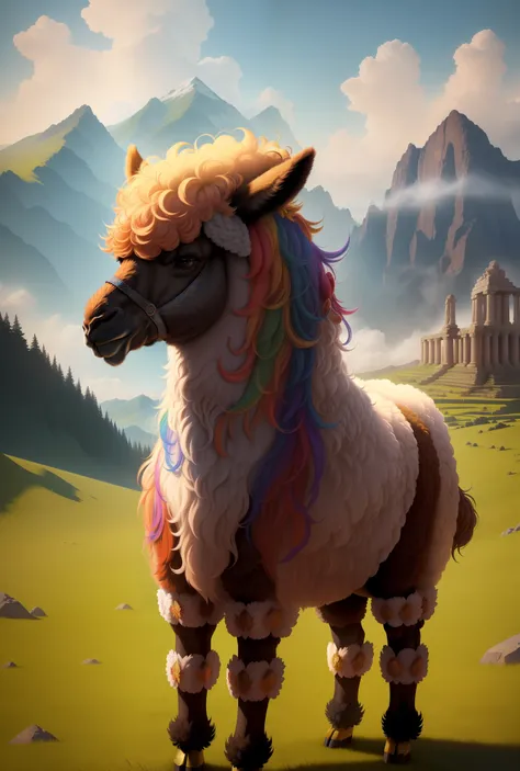 A majestic alpaca standing in a mysterious atmosphere, embodying ancient legends and the deity of the grasslands. The alpaca is portrayed with a sense of power and mystery, surrounded by an aura of ancient rituals. The scene is depicted with surrealistic e...