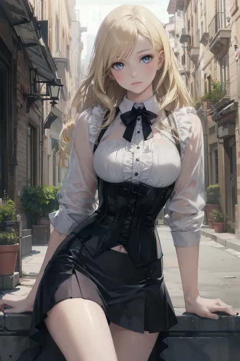 girl masterpiece、Super detailed, highest quality、photorealistic stick、 1 girl、female, corset top, micro skirt, long blonde hair,