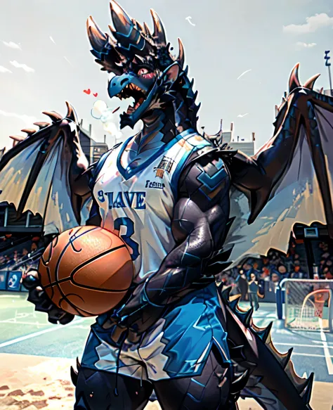 (dragon), Two-color, dragon&#39;s eyes, (muscular body:1.3), perfect eyes, Handsome, OK,(white basketball jersey), (on the playground),(Express), sports field background,(close up),(Happy eyes:1.2),look at screen,(dragon horn),(dragon tail),different stude...