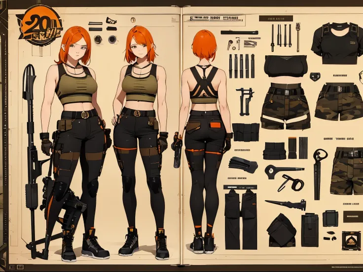 A woman, 20 years old, orange hair, aesthetic body, thick thigs, ((stylish)), mechanic, mechanic clothes, muscular legs, desert camo, big , tank top, shorts, futuristic, tools, tech equipment, tool belt, various angles, (front, back, side), character sheet...