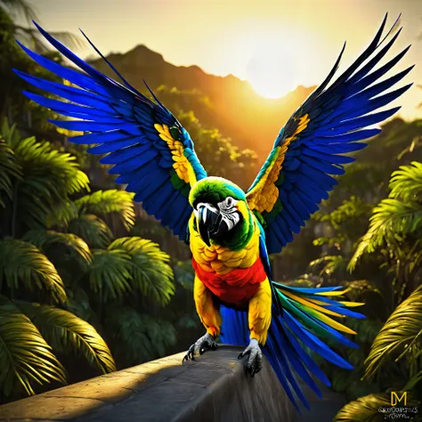 sunset, full body shot of beautiful colour parrot:3 "dia de los muertos" initial referential the master professor hand-invictus....