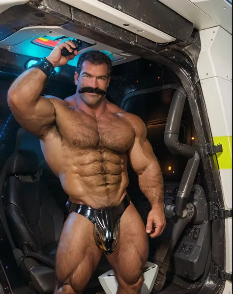 full body portrait, strong burly hairy mature older man(space captain), wearing futuristic captains uniform insignia (neon and black) (open and revealing) (latex) , gray hair, broad shoulders, round belly, thick feet, bulging micro thong, barefoot, scifi s...