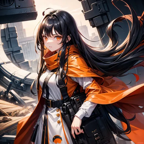 Long black hair white 17 year old girl wearing military uniform, Orange cape, Big brown eyes, Science Fiction, dark mood, charturnerv2