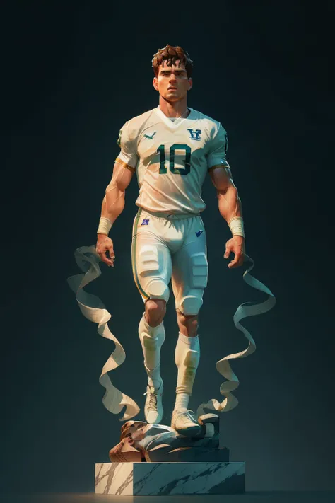 A realistic Greek white marble statue of thoughtful and determined football player, dressed in the ghostly Izzo jersey with faded numbers, fundo neutro, Moody, fotorrealista, absorbed in a thoughtful movie dinner scene, super detalhada, hiper realista, luz...